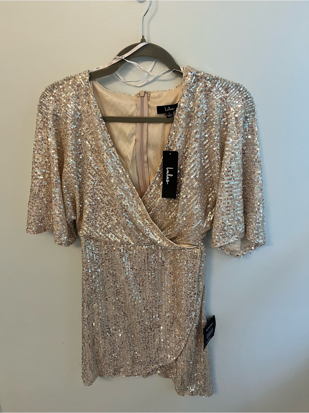 Lulu's Champagne Sequin Wrap Mini Dress